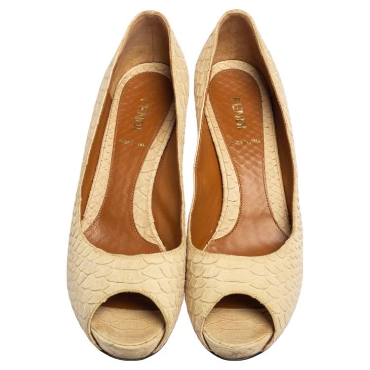Pre Owned Fendi Cream Python Embossed Leather Peep Toe Platform Pumps Size 38.5