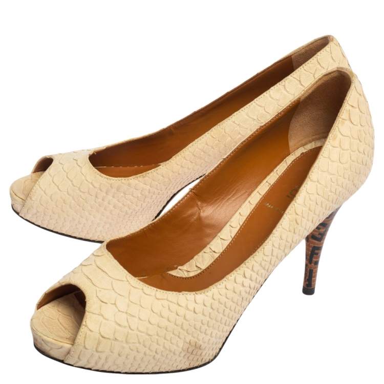 Pre Owned Fendi Cream Python Embossed Leather Peep Toe Platform Pumps Size 38.5