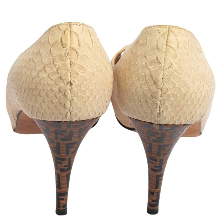 Pre Owned Fendi Cream Python Embossed Leather Peep Toe Platform Pumps Size 38.5