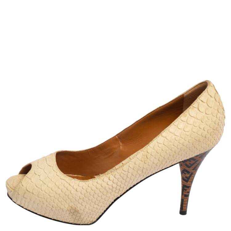 Pre Owned Fendi Cream Python Embossed Leather Peep Toe Platform Pumps Size 38.5