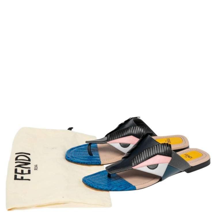 Pre Owned Fendi Multicolor Croc Embossed and Leather Bug Monster Thong Sandals Size 37