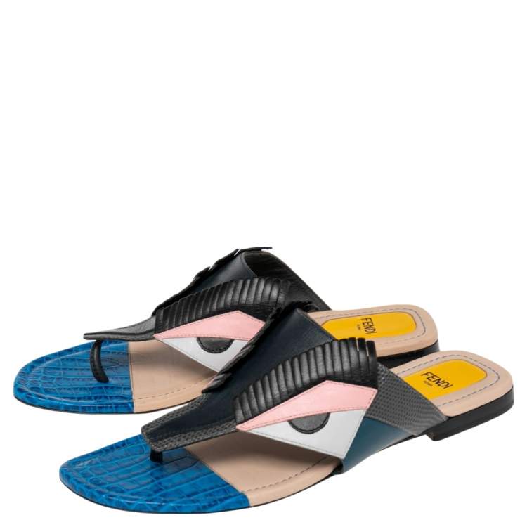 Pre Owned Fendi Multicolor Croc Embossed and Leather Bug Monster Thong Sandals Size 37