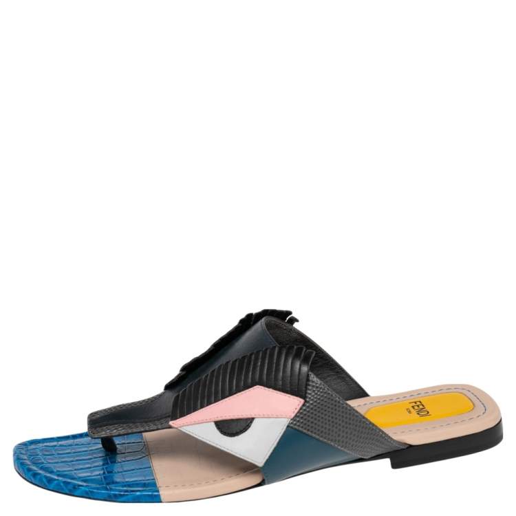 Pre Owned Fendi Multicolor Croc Embossed and Leather Bug Monster Thong Sandals Size 37