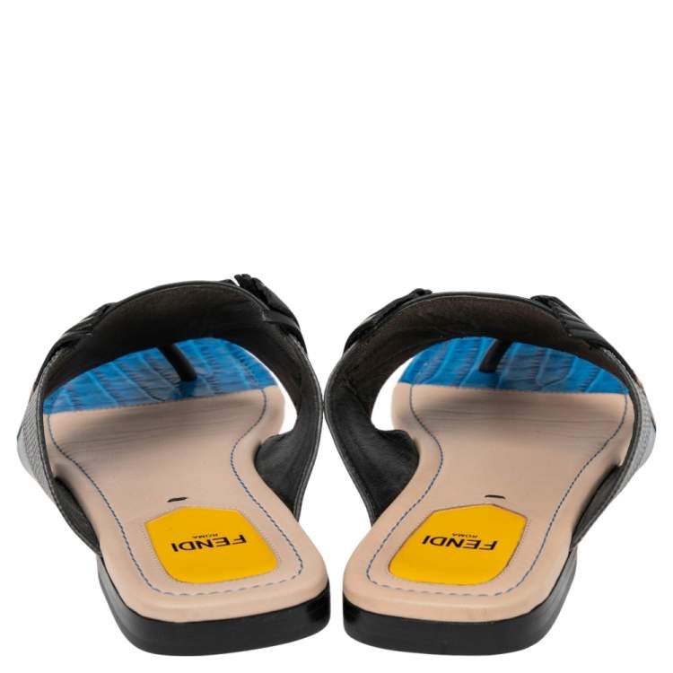 Pre Owned Fendi Multicolor Croc Embossed and Leather Bug Monster Thong Sandals Size 37