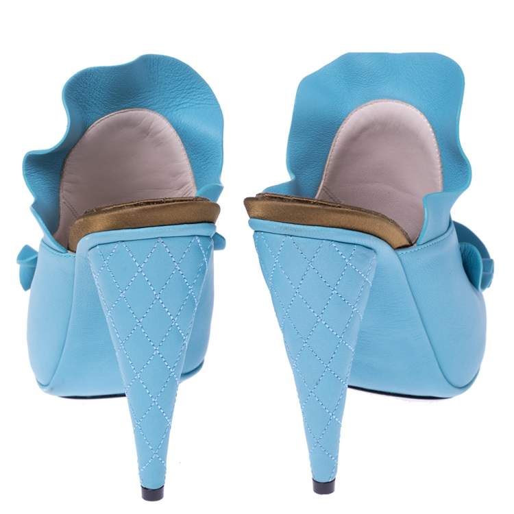 Pre Owned Fendi Blue Leather Stocking Heel Mule Sandals Size 37