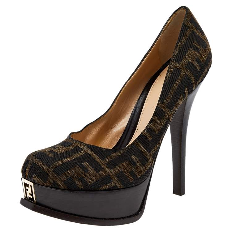 Pre Owned Fendi Brown Canvas Fendista Platform Pumps Size 39