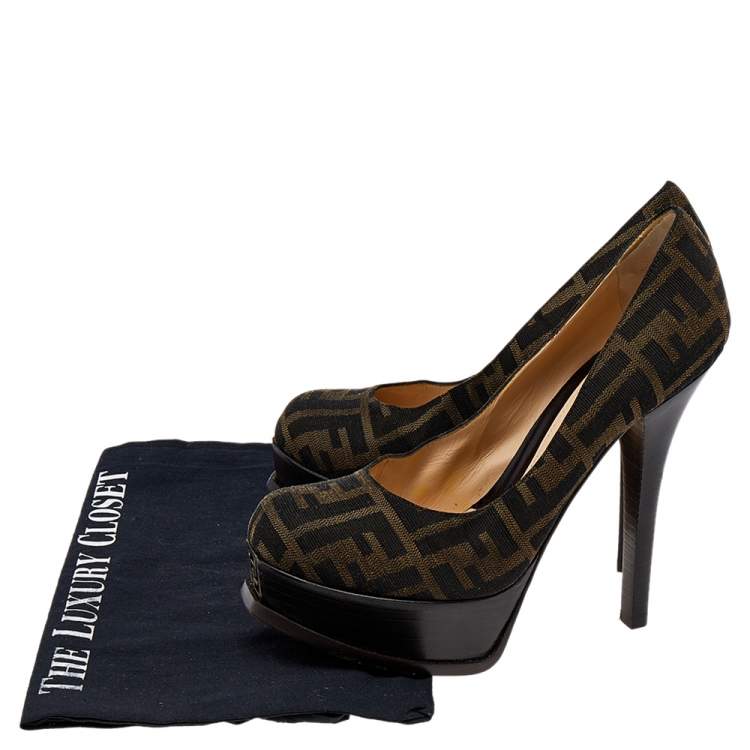 Pre Owned Fendi Brown Canvas Fendista Platform Pumps Size 39