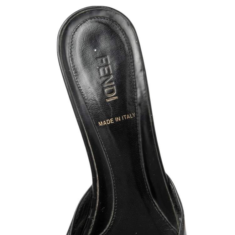 Pre Owned Fendi Black Patent Leather Logo Heel Platform Sandals Size 37