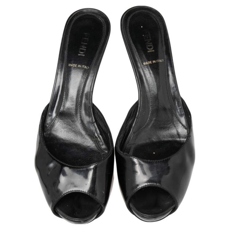Pre Owned Fendi Black Patent Leather Logo Heel Platform Sandals Size 37