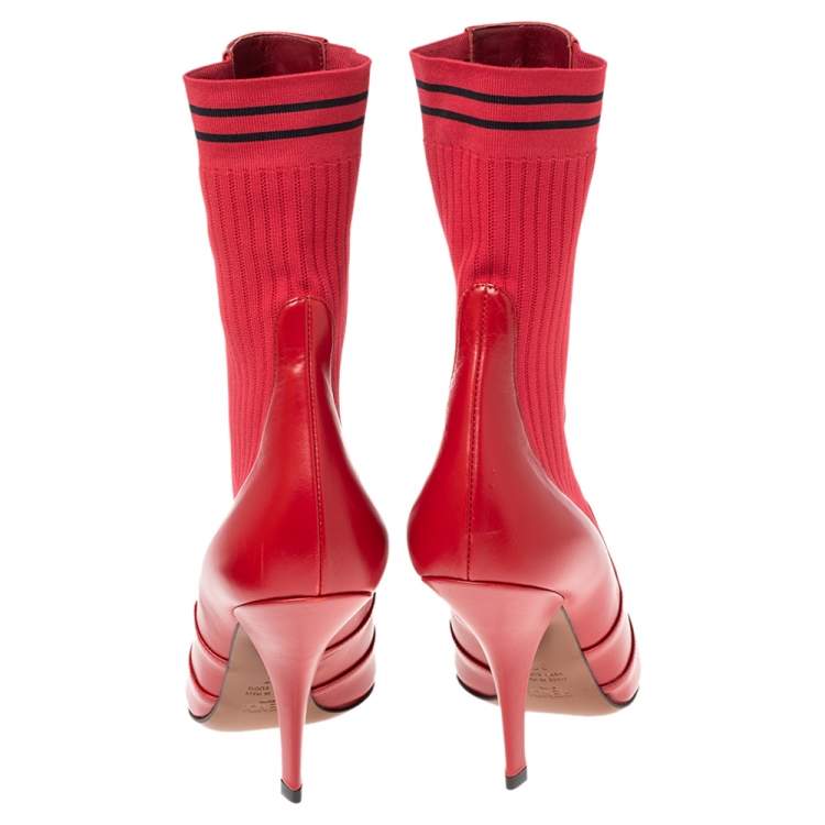 Pre Owned Fendi Red Leather and Knit Fabric Rockoko Ankle Length Boots Size 37