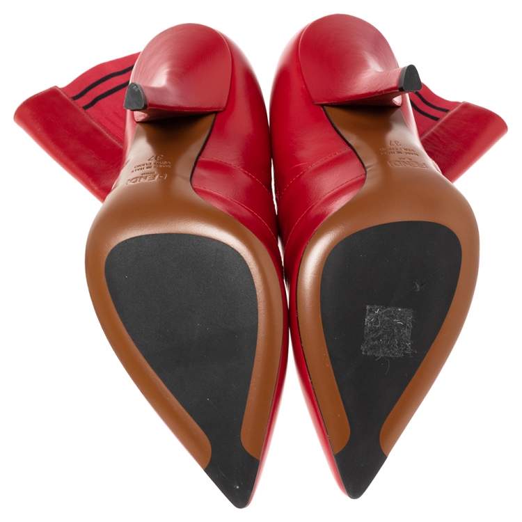 Pre Owned Fendi Red Leather and Knit Fabric Rockoko Ankle Length Boots Size 37