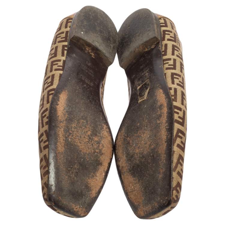Pre Owned Fendi Gold/Brown Zucca Canvas and Leather Trim Ballet Flats Size 36