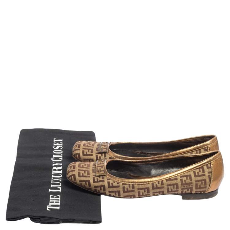 Pre Owned Fendi Gold/Brown Zucca Canvas and Leather Trim Ballet Flats Size 36