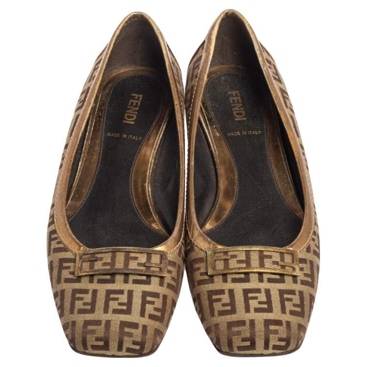 Pre Owned Fendi Gold/Brown Zucca Canvas and Leather Trim Ballet Flats Size 36