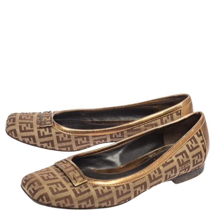 Pre Owned Fendi Gold/Brown Zucca Canvas and Leather Trim Ballet Flats Size 36