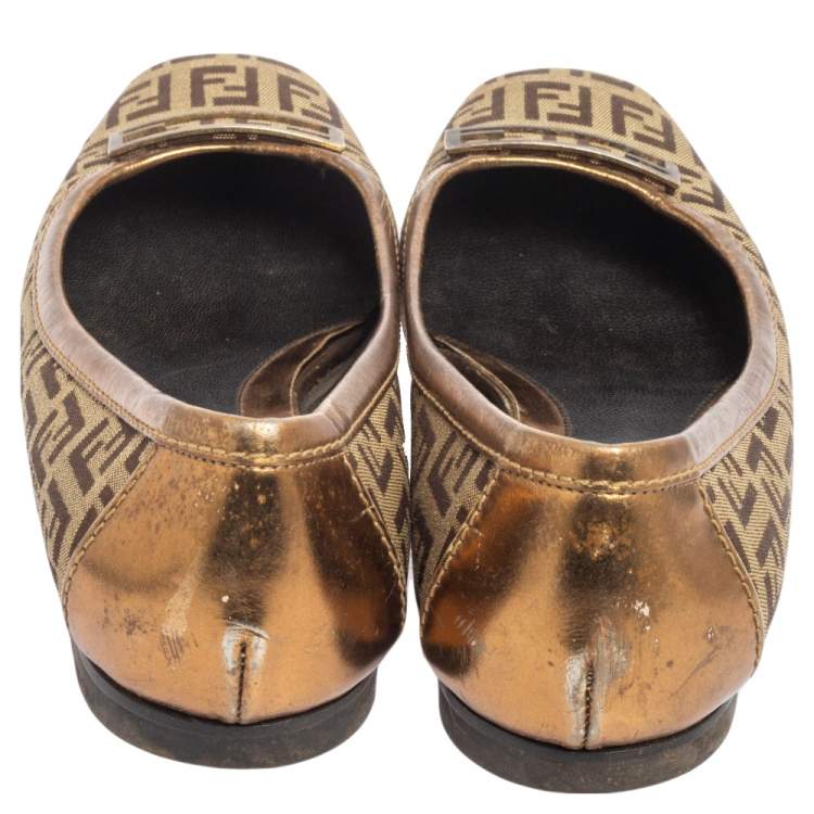 Pre Owned Fendi Gold/Brown Zucca Canvas and Leather Trim Ballet Flats Size 36