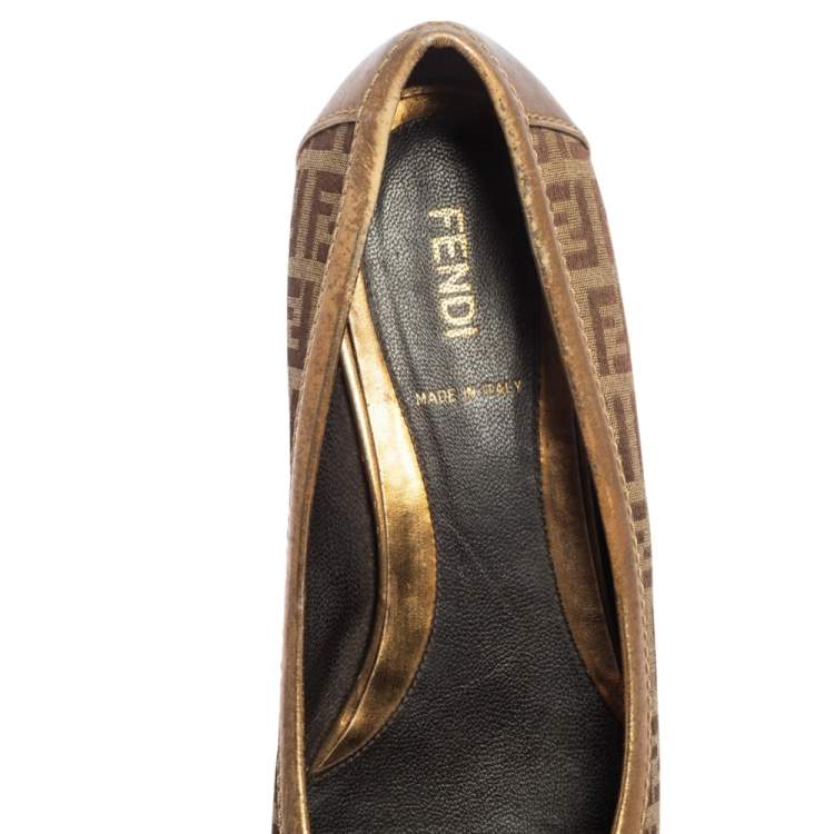 Pre Owned Fendi Gold/Brown Zucca Canvas and Leather Trim Ballet Flats Size 36