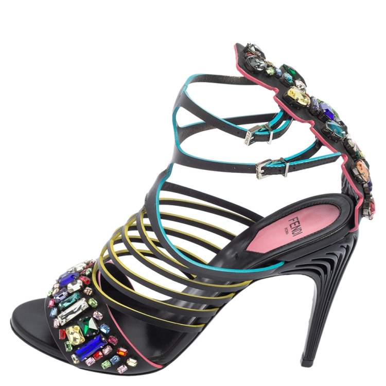 Fendi Black Leather Jewel Embellished Runway Strappy Sandals Size