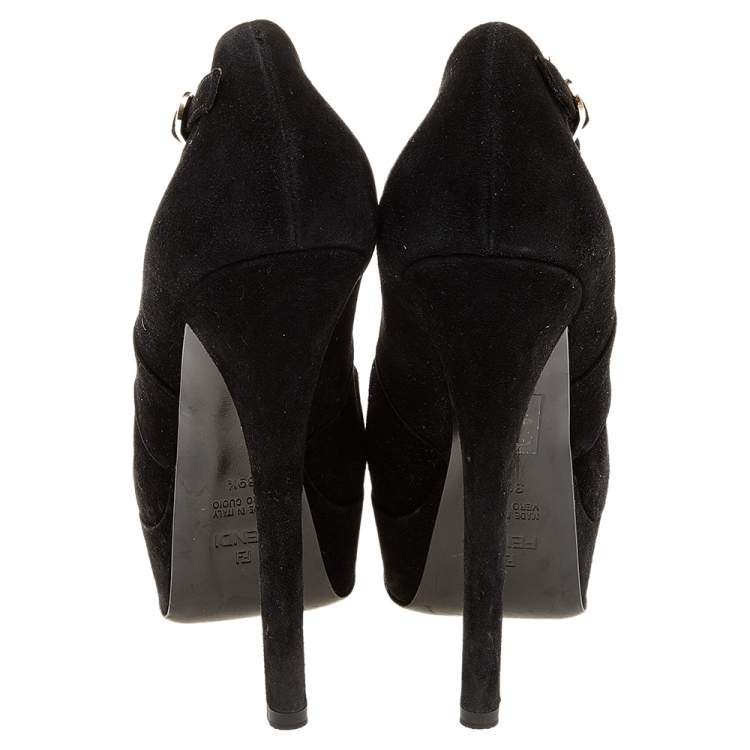 Pre Owned Fendi Black Suede Platform Ankle Strap Pumps Size 39.5