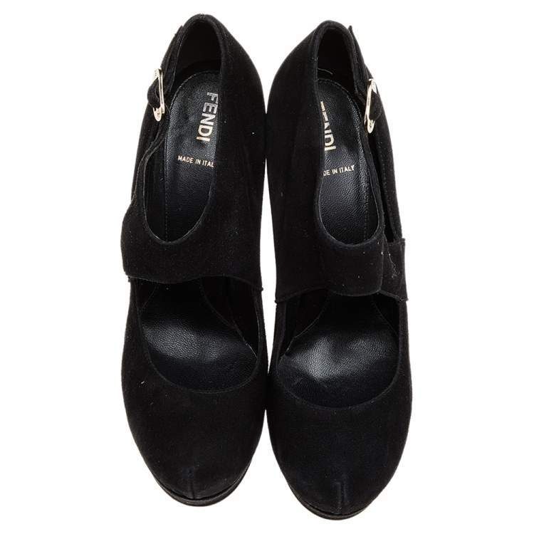 Pre Owned Fendi Black Suede Platform Ankle Strap Pumps Size 39.5