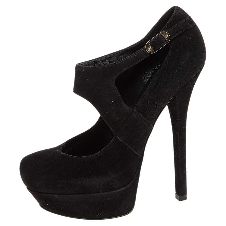 Pre Owned Fendi Black Suede Platform Ankle Strap Pumps Size 39.5