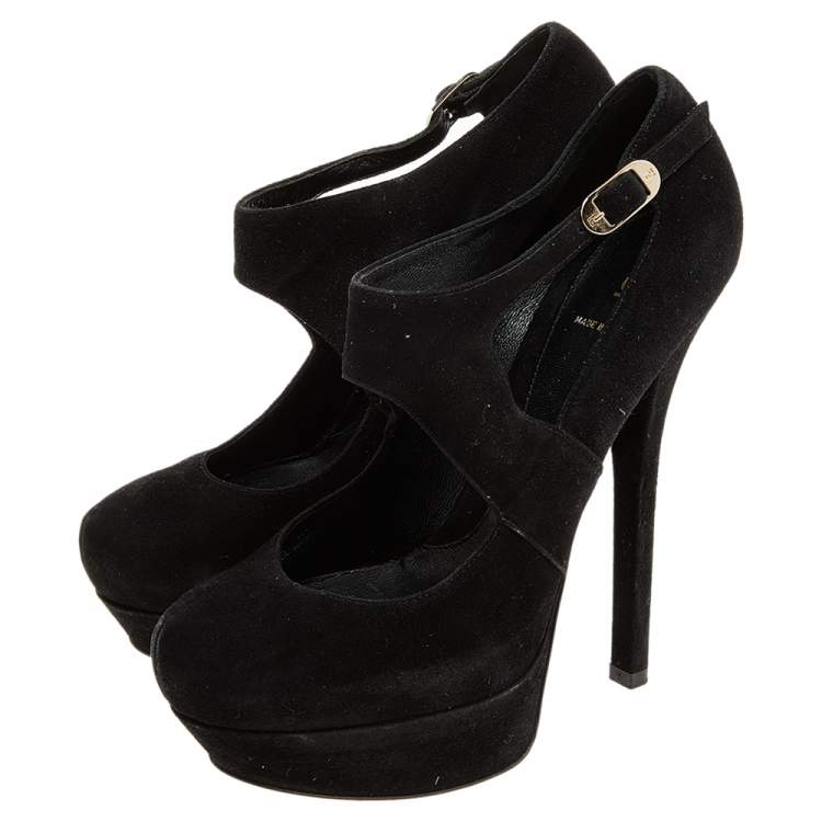 Pre Owned Fendi Black Suede Platform Ankle Strap Pumps Size 39.5