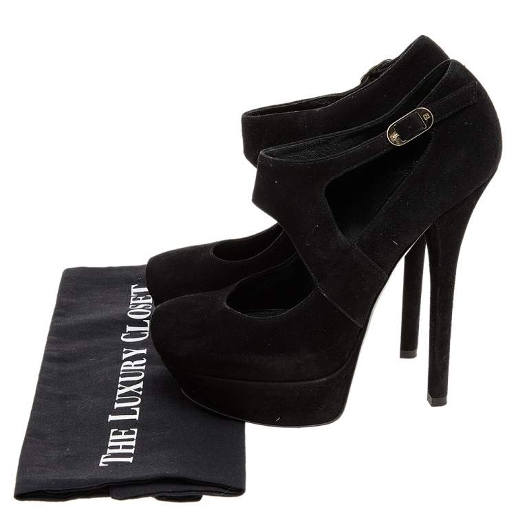 Pre Owned Fendi Black Suede Platform Ankle Strap Pumps Size 39.5