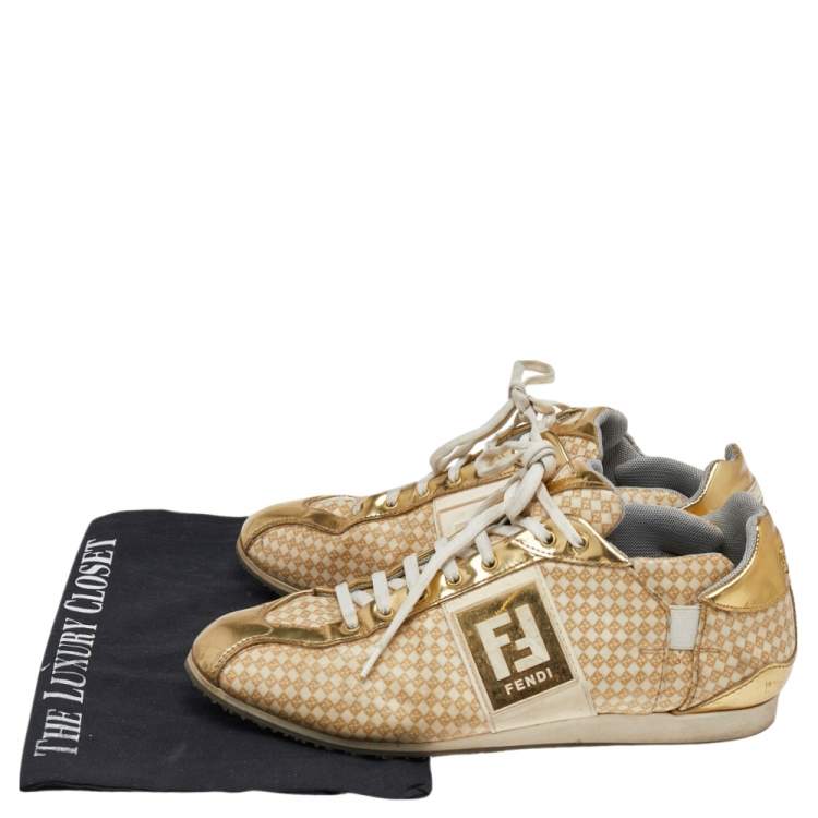 Pre Owned Fendi Beige/Gold Patent And Leather FF Logo Sneakers Size 39