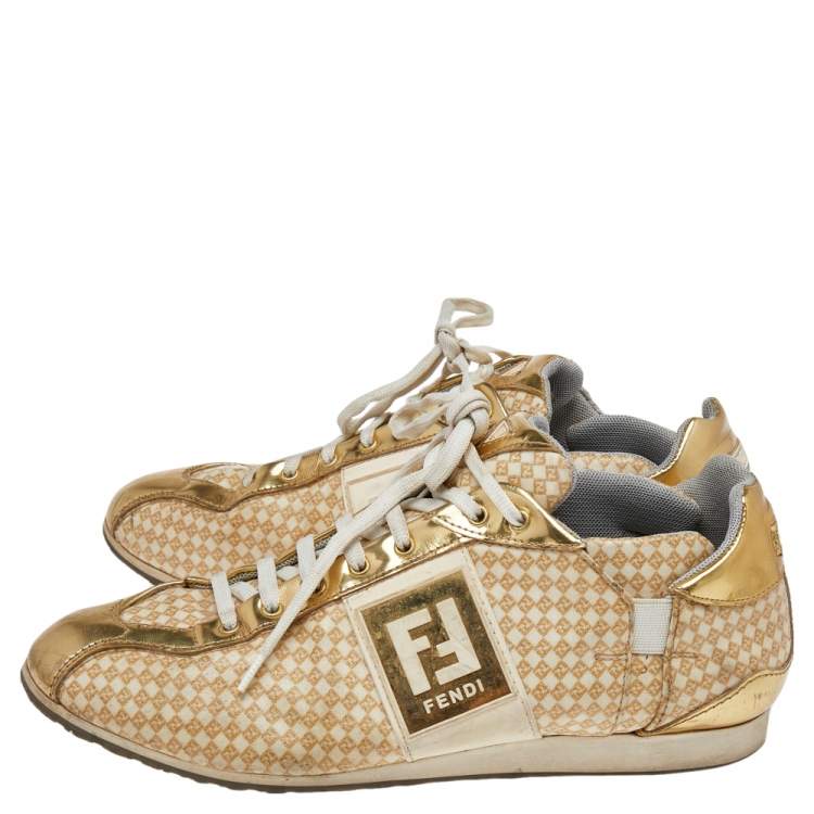 Pre Owned Fendi Beige/Gold Patent And Leather FF Logo Sneakers Size 39