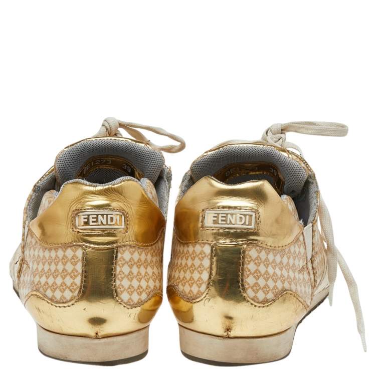 Pre Owned Fendi Beige/Gold Patent And Leather FF Logo Sneakers Size 39