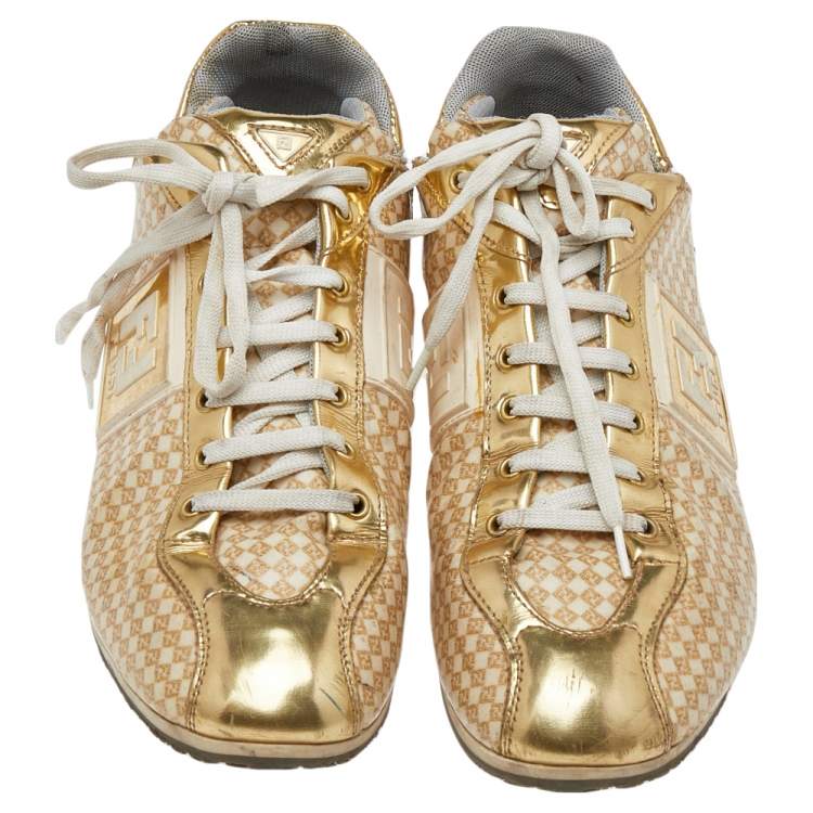 Pre Owned Fendi Beige/Gold Patent And Leather FF Logo Sneakers Size 39