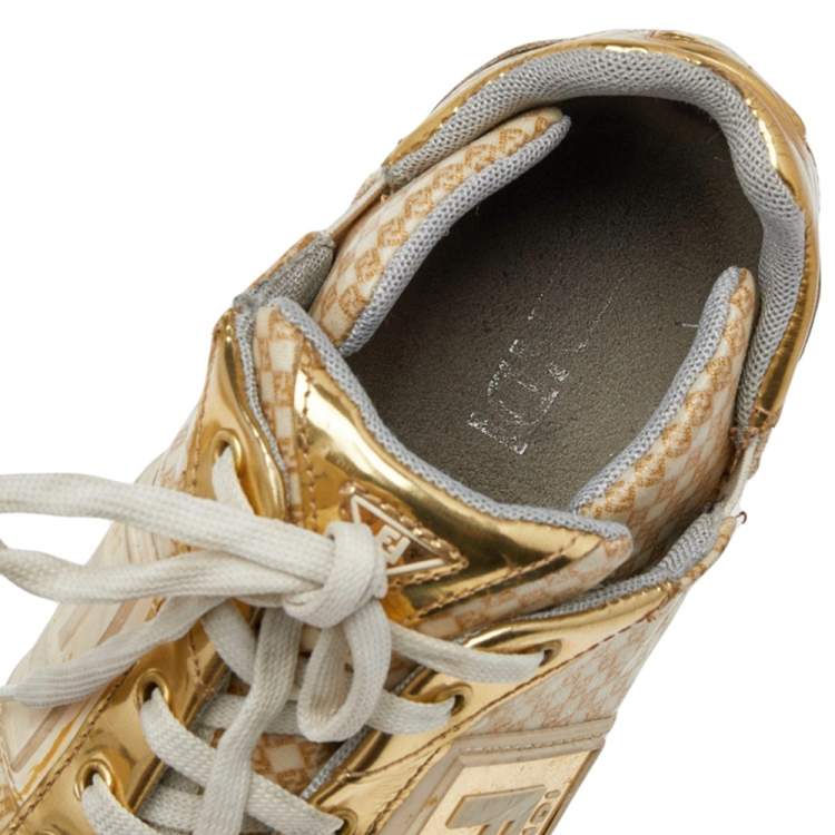 Pre Owned Fendi Beige/Gold Patent And Leather FF Logo Sneakers Size 39