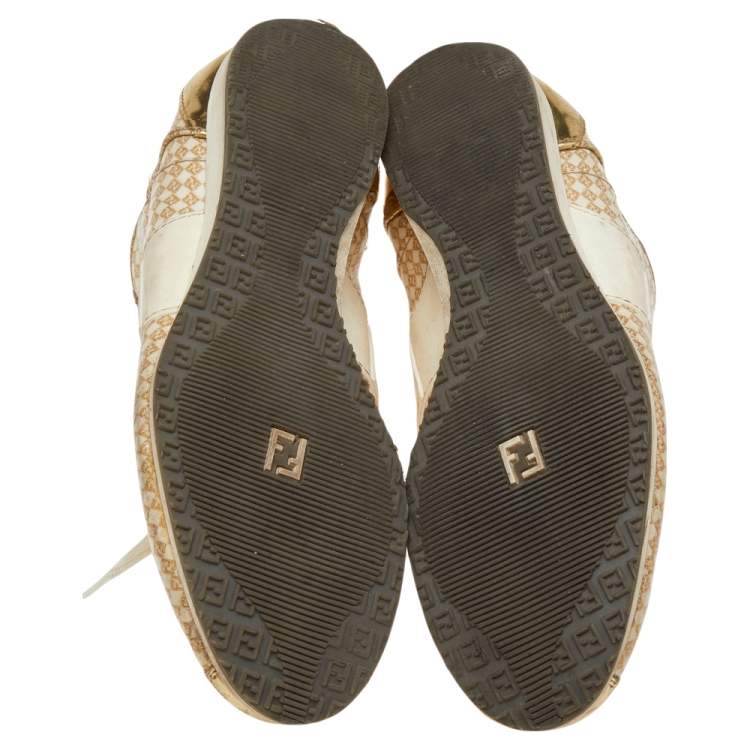 Pre Owned Fendi Beige/Gold Patent And Leather FF Logo Sneakers Size 39