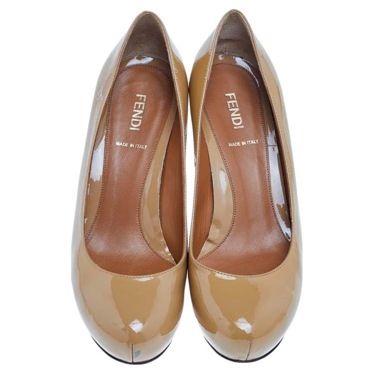 Pre Owned Fendi Beige Patent Leather Platform Pumps Size 36