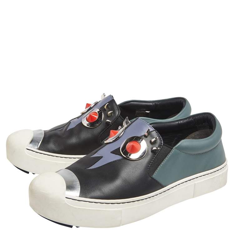 Pre Owned Fendi Black Leather Monster Slip On Sneakers Size 36