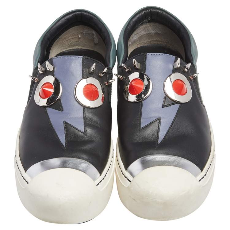 Pre Owned Fendi Black Leather Monster Slip On Sneakers Size 36