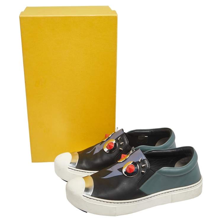 Pre Owned Fendi Black Leather Monster Slip On Sneakers Size 36