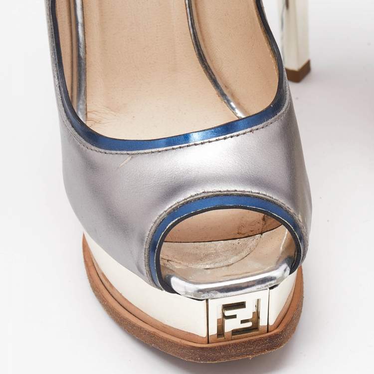 Pre Owned Fendi Silver/Blue Leather Fendista  Peep Toe Pumps Size 35
