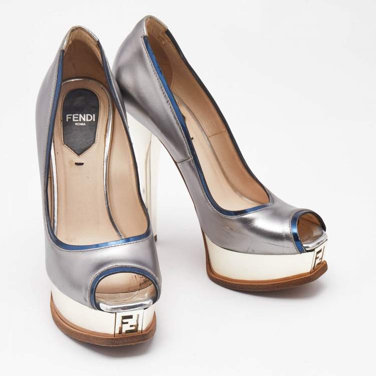 Pre Owned Fendi Silver/Blue Leather Fendista  Peep Toe Pumps Size 35