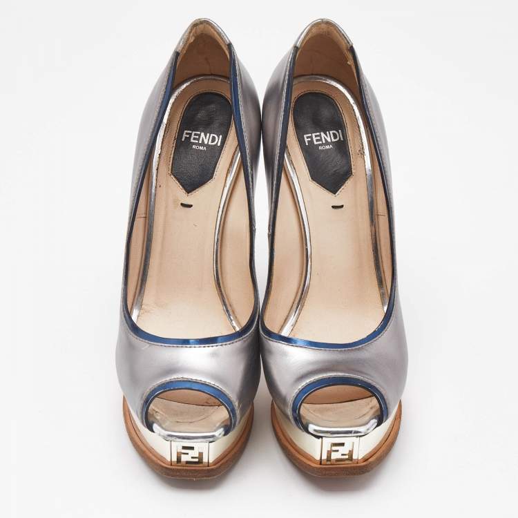 Pre Owned Fendi Silver/Blue Leather Fendista  Peep Toe Pumps Size 35