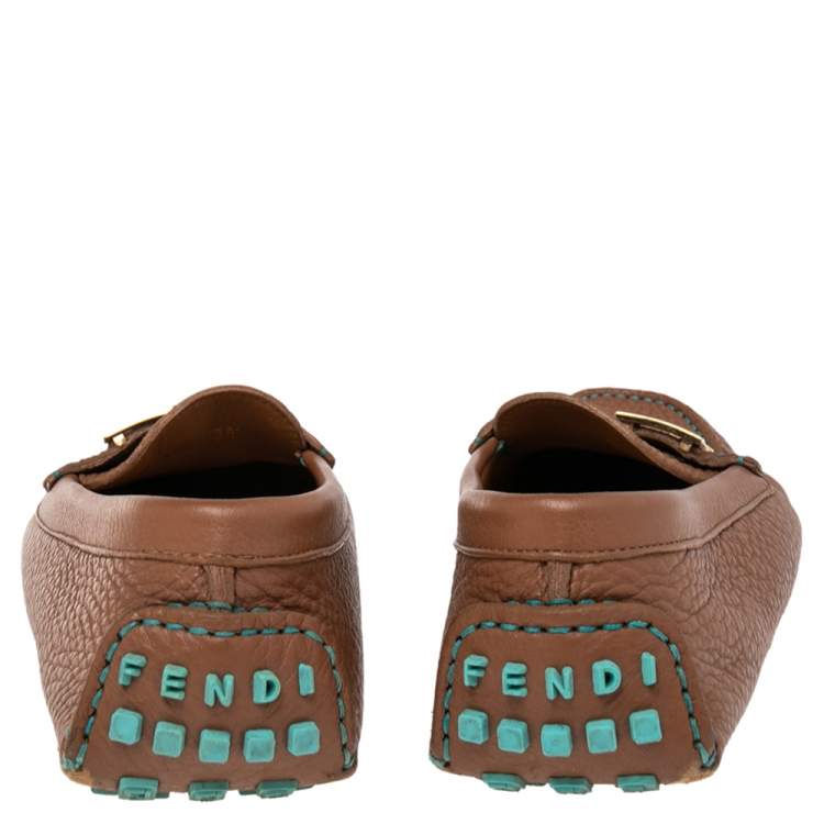 Pre Owned Fendi Brown/Turquoise Leather FF Logo Loafers Size 38.5