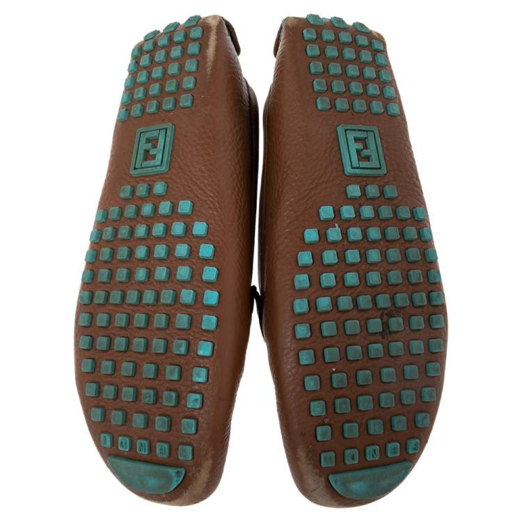 Pre Owned Fendi Brown/Turquoise Leather FF Logo Loafers Size 38.5