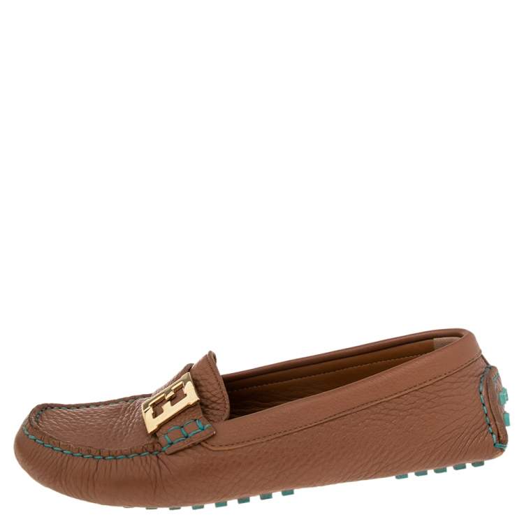 Pre Owned Fendi Brown/Turquoise Leather FF Logo Loafers Size 38.5