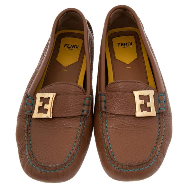 Pre Owned Fendi Brown/Turquoise Leather FF Logo Loafers Size 38.5