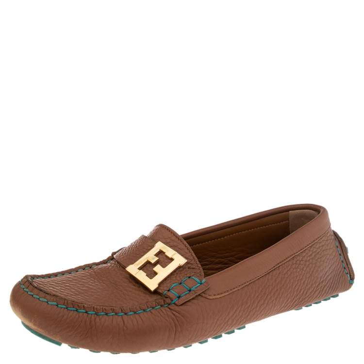 Pre Owned Fendi Brown/Turquoise Leather FF Logo Loafers Size 38.5