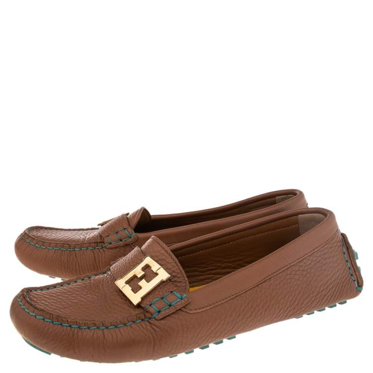 Pre Owned Fendi Brown/Turquoise Leather FF Logo Loafers Size 38.5