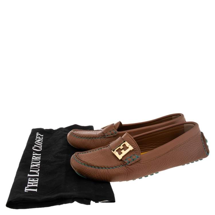 Pre Owned Fendi Brown/Turquoise Leather FF Logo Loafers Size 38.5