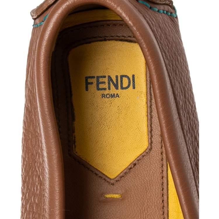 Pre Owned Fendi Brown/Turquoise Leather FF Logo Loafers Size 38.5