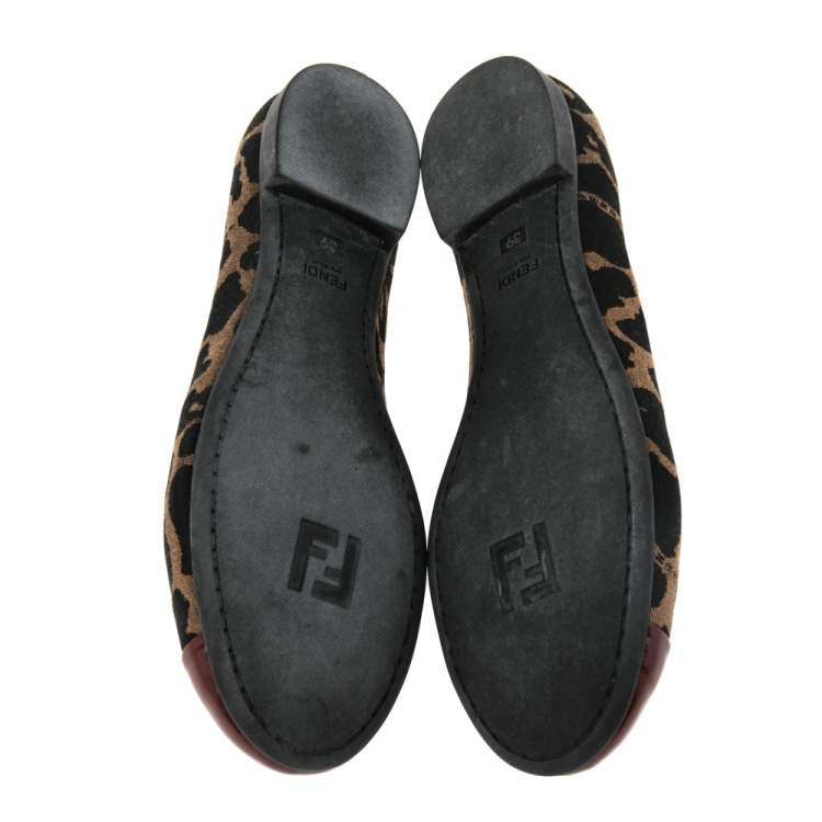 Pre Owned Fendi Brown/Black Patent Leather And Canvas Leopard Print Cap Toe Ballet Flats Size 39