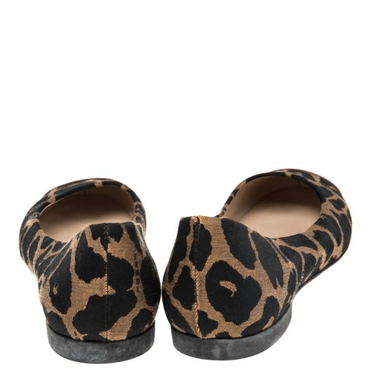 Pre Owned Fendi Brown/Black Patent Leather And Canvas Leopard Print Cap Toe Ballet Flats Size 39
